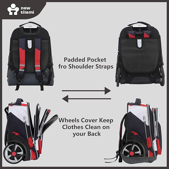 NEW TILAMI 20" Rolling Backpack for Teens Adults, Climbing Stairs Waterproof Backpack with Wheels for School Business Trave Camping with Laptop Compartment, Fit 17 Inch Laptop, Black - Red Combo