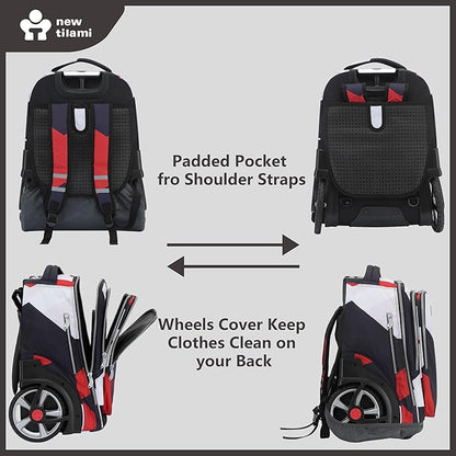 NEW TILAMI 20" Rolling Backpack for Teens Adults, Climbing Stairs Waterproof Backpack with Wheels for School Business Trave Camping with Laptop Compartment, Fit 17 Inch Laptop, Black - Red Combo