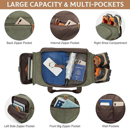 S-ZONE Large Canvas Travel Duffel Bag Weekend Overnight Bag with Shoes Compartment Holdall Gym Bag with Multi-Pockets for Men and Women, Army Green, X-Large