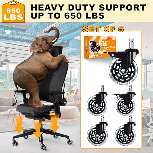 Office Chair Wheels for Casters Replacement - 3" Rubber Wheels for Computer Gaming Desk Caster Smooth & Safe Rolling for All Floors Hardwood and Carpet-Set of 5, 2 with Safety Brakes,3 No Brake, Clear