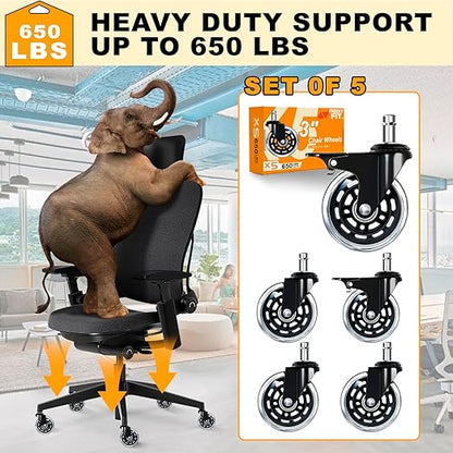 Office Chair Wheels for Casters Replacement - 3" Rubber Wheels for Computer Gaming Desk Caster Smooth & Safe Rolling for All Floors Hardwood and Carpet-Set of 5, 2 with Safety Brakes,3 No Brake, Clear