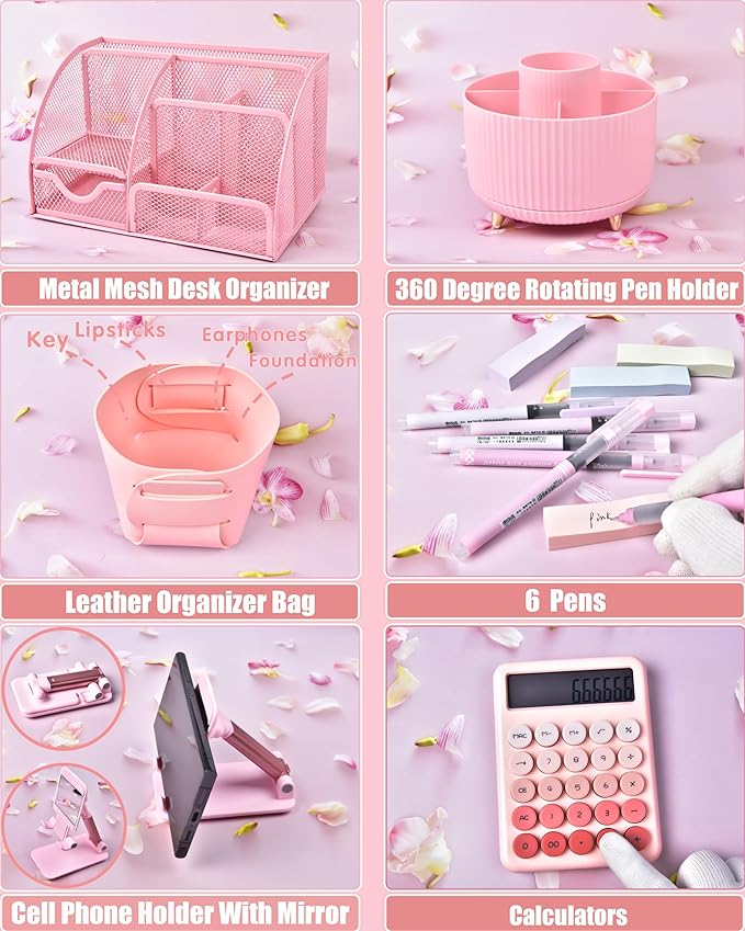 Pink Desk Organizers and Accessories With Mesh Desk Organizer and 360°Rotating Pen Holder and a Lot of Office Pink Office Supplies Beautifully Presented in a Gift Box Christmas Gifts