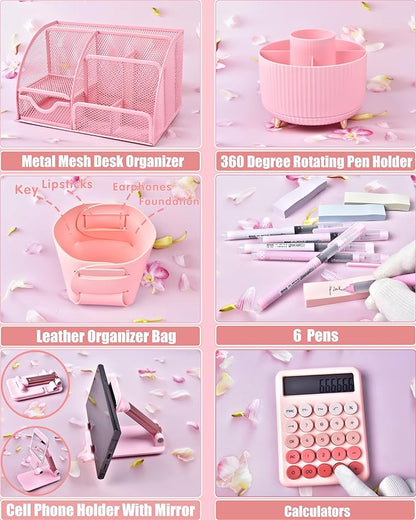 Pink Desk Organizers and Accessories With Mesh Desk Organizer and 360°Rotating Pen Holder and a Lot of Office Pink Office Supplies Beautifully Presented in a Gift Box Christmas Gifts