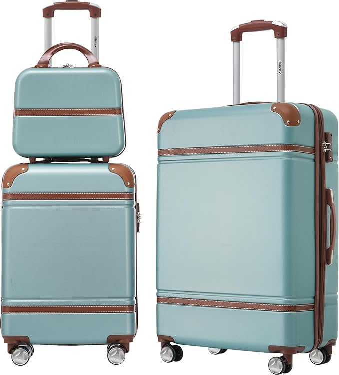 Merax Luggage Set, 2 Piece Luggage with Cosmetic Case, Vintage Hardcase Suitcase with Wheels, Expandable Luggage Airline Approved(Blue Green,20"+24")