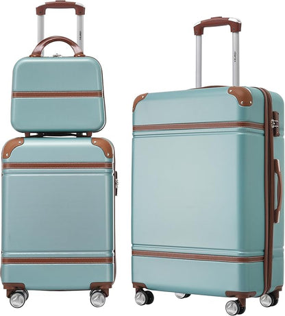 Merax Luggage Set, 2 Piece Luggage with Cosmetic Case, Vintage Hardcase Suitcase with Wheels, Expandable Luggage Airline Approved(Blue Green,20"+24")