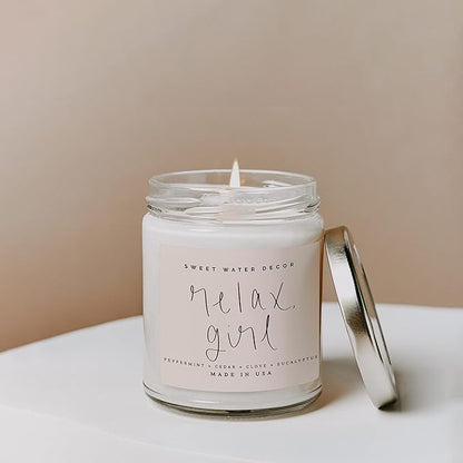 Sweet Water Decor Relax Girl, Peppermint, Cedar, Clove, and Eucalyptus Scented Soy Wax Candle for Home | 9oz Clear Jar, 40 Hour Burn Time, Non Toxic, Made in The USA