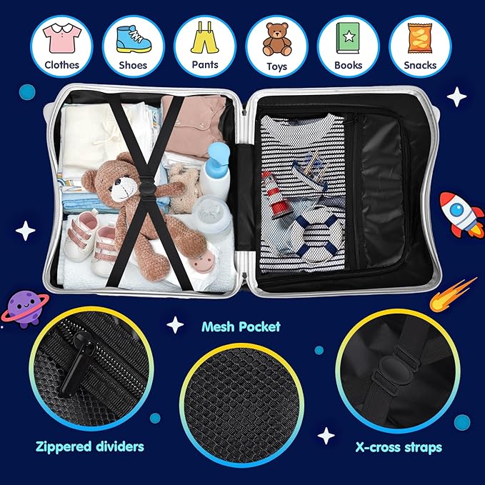 Kids Ride-On Suitcase with Cute Ears, DIY Graffiti Coloring Design, 20" Carry-On Luggage with 4 Spinner Wheels, Pull Rope & Combination Lock – Rideable Travel Case for Toddlers & Children(White)