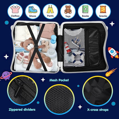 Kids Ride-On Suitcase with Cute Ears, DIY Graffiti Coloring Design, 20" Carry-On Luggage with 4 Spinner Wheels, Pull Rope & Combination Lock – Rideable Travel Case for Toddlers & Children(White)