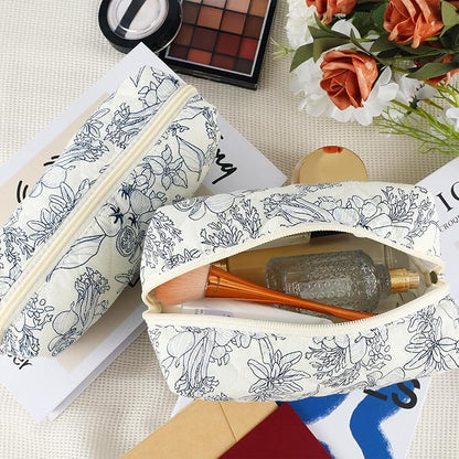 2Pcs Floral Makeup Bag for Women Cotton Quilted Coquette Cosmetic Bag Cute Zipper Black Flower Makeup Pouch Aesthetic Portable Pencil Pouch Travel Toiletry Bag Trendy Cloth Skincare Bag