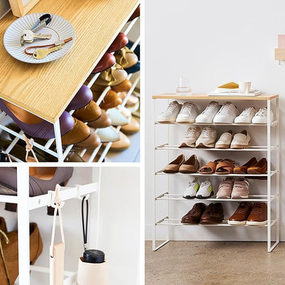 YAMAZAKI Home Six-Tier Shoe Organizer – Tall Slim Shoe Rack for Entryway Or Closet, Narrow Metal Shoe Storage with Wooden Top, Steel, White, Easy Assembly, 34" - Steel - Holds 18 to 21 Shoe