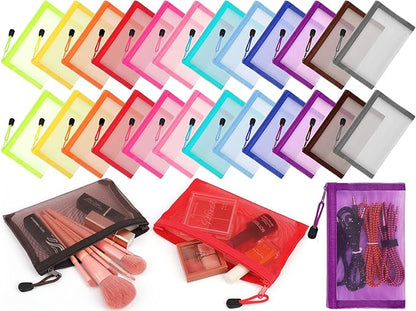Jexine 24 Pcs Mini Zipper Mesh Bags Lipstick Cosmetic Accessories Organizer Nylon Makeup Zipper Pouch Small Cosmetic Bag for Purse Beauty Mesh Travel Pouch for Women(7.5 x 4.5 Inch,Bright Color)