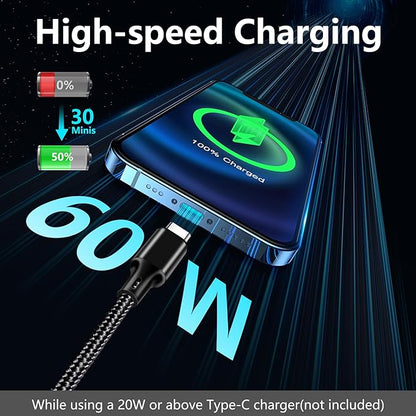 cugunu USB C to USB C Charger Cable, 3Pack 60W 6.6FT Type C Fast Charging Cord Compatible for iPhone 15/16/17/Pro/Max/Plus, iPad, MacBook-Black