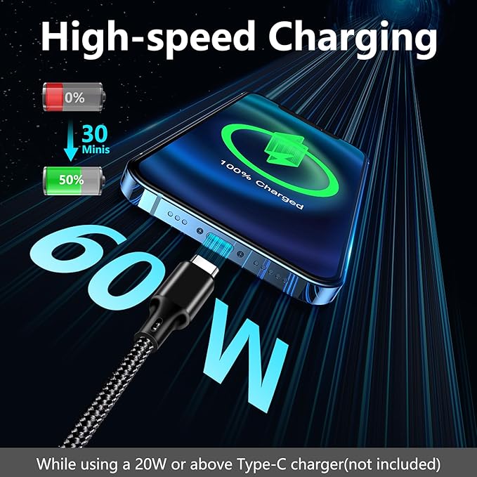cugunu USB C to USB C Charger Cable, 3Pack 60W 10FT Type C Fast Charging Cord Compatible for iPhone 15/16/17/Pro/Max/Plus, iPad, MacBook-Black