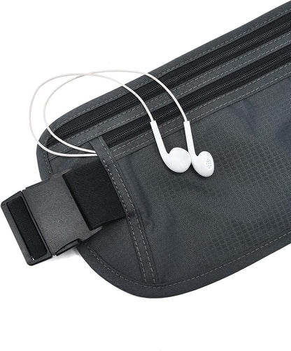 RFID Blocking Money Belt for Men Women, Slim Fanny Pack for Travel，Running,Conceal Waist Wallet for Passport Holder,Phone,Cash(Black Dark Grey)