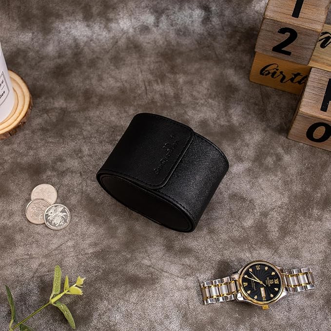 SANQIANWAN Single Travel Storage Watch Roll Portable PU Leather Watch Case Box for Men with Button Style Removable Watch Pillow Watch Display Roll (Black)