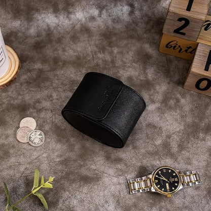 SANQIANWAN Single Travel Storage Watch Roll Portable PU Leather Watch Case Box for Men with Button Style Removable Watch Pillow Watch Display Roll (Black)