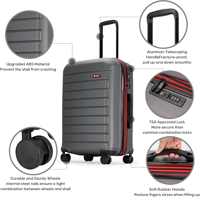 GinzaTravel ABS Luggage with TSA Locks,Large 28-Inch Expandable, and Friction-Resistant in Grey Spinner Suitcases
