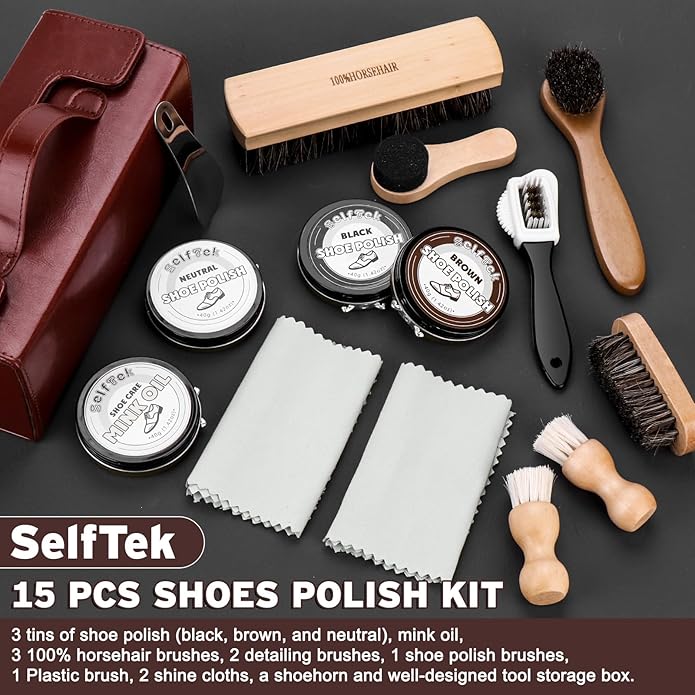SelfTek Shoe Shine Kit - 15 PCS Shoe Polish Kit, Leather Boot Care Kit with Horsehair Brush and More with Portable Travel Case for Gentle Care Cleaning, Birthday Gifts for Men
