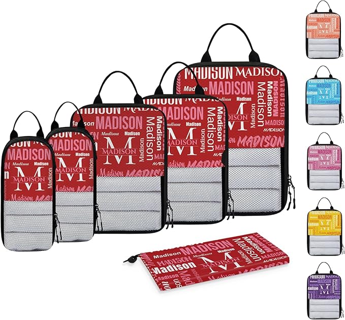 Personalized 6 Set Compression Packing Cubes for Travel Essentials with Name Initial Customized Lightweight Carry on Expandable Luggage Organizer Bags for Women and Men, Red