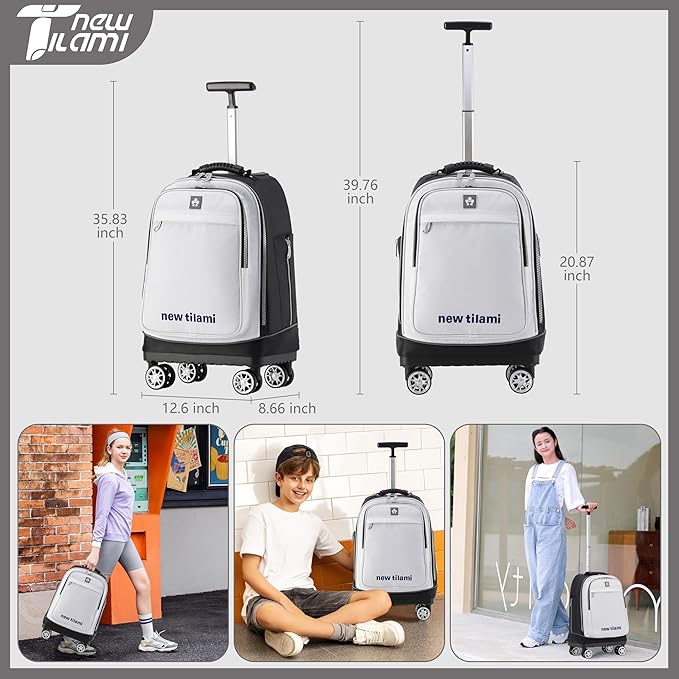 NEW TILAMI 19 Inch Rolling Backpack 360°rotating Universal Wheel, Large Organizer Compartments, Adjustable Handle, Carry on for School Students Business Travel, Pure White