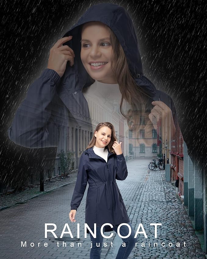 33,000ft Women's Waterproof Long Rain Coats Packable Rain Jacket with Hood Trench Coats Windbreaker