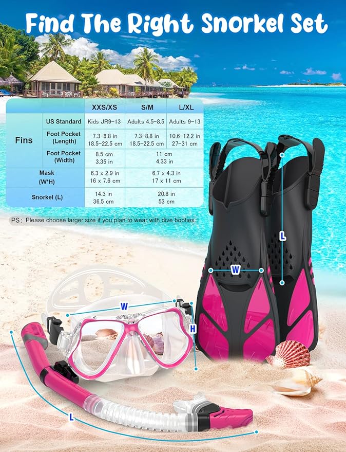 Zenoplige Mask Fins Snorkel Set, Snorkeling Gear for Adults, Panoramic View Snorkel Mask Anti-Fog, Adjustable Dive Flippers, Dry Top Snorkel and Travel Bag, Scuba Gear for Swimming Snorkeling Diving