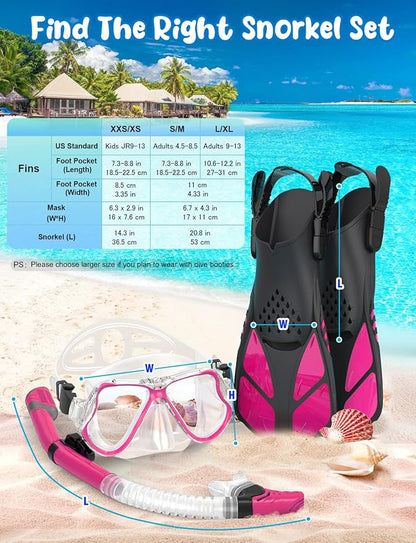 Zenoplige Mask Fins Snorkel Set, Snorkeling Gear for Adults, Panoramic View Snorkel Mask Anti-Fog, Adjustable Dive Flippers, Dry Top Snorkel and Travel Bag, Scuba Gear for Swimming Snorkeling Diving