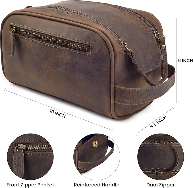 mds Genuine Leather Toiletry Bag for Men - Rustic Classic Vintage Handcrafted Full-Grain Leather Travel Dopp Kit with Waterproof Lining & Handle, Shaving & Grooming Kit Organizer Pouch - Rustic Brown