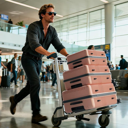 Karl home 28" Check-in Luggage, PP Hardside Checked Medium Suitcase with Wheels, Waterproof Durable Rolling Luggage with Built-in Lock for Travel Business, Light Pink
