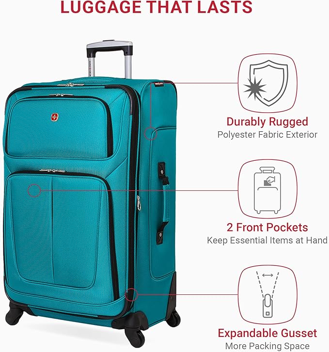 SwissGear Sion Softside Expandable Luggage – Large Checked Suitcase with 360 Degree Wheels & Retractable Handle – 29 Inch, Perfect for 7-9 Night Trips – Teal