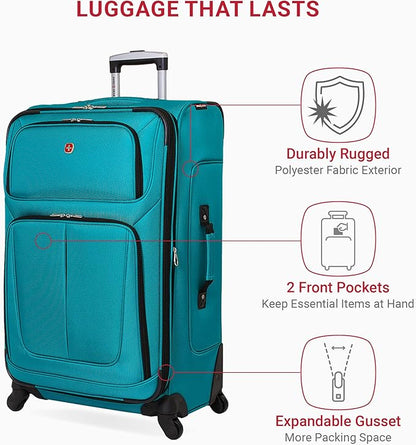 SwissGear Sion Softside Expandable Luggage – Large Checked Suitcase with 360 Degree Wheels & Retractable Handle – 29 Inch, Perfect for 7-9 Night Trips – Teal