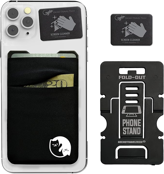 Gecko Travel Tech Double Pocket - Adhesive Card Holder - Cell Phone Pouch - Stick on Spandex Pocket - Carry Credit Cards and Cash - YIN YANG CAT