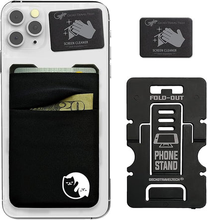 Gecko Travel Tech Double Pocket - Adhesive Card Holder - Cell Phone Pouch - Stick on Spandex Pocket - Carry Credit Cards and Cash - YIN YANG CAT