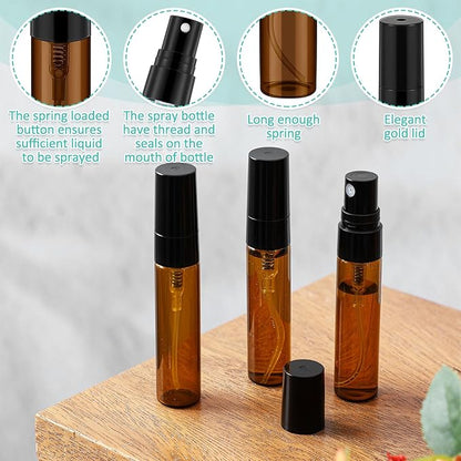 Zhehao 50 Pcs Mini Spray Bottles 5 ml Clear Glass Perfume Bottles Refillable Fine Mist Perfume Atomizer Portable Empty Sample Containers for Cleaning, Essential Oils, Travel (Amber)