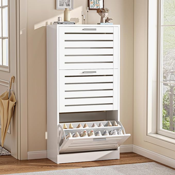 VECELO Shoe Storage Cabinet with 3 Flip Drawers, Slim Hidden Free Standing Organizer for Narrow Entryway, Adjustable Shelf, Modern Style, White (47.8" x 23.6" x 11.4")