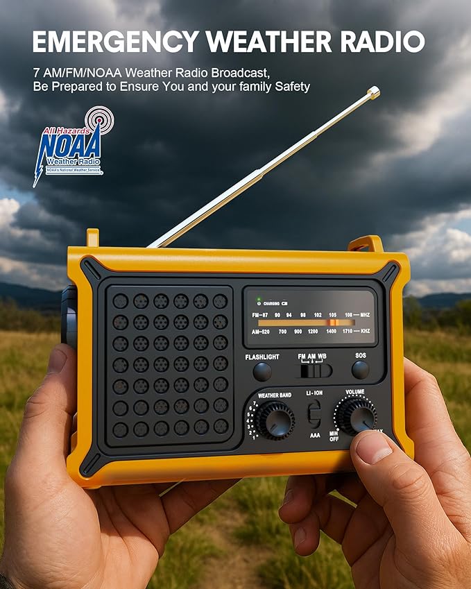 Emergency Weather Radio – NOAA/AM/FM Portable Solar & Hand Crank Radio with LED Flashlight, Reading Lamp, USB Phone Charger, SOS Alarm – Survival Gear for Hurricanes, Storms & Power Outages (Yellow)