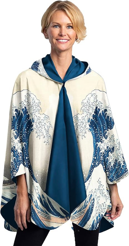 RainCaper Hokusai The Great Wave Womens Rain Cape Poncho with Hood Reversible