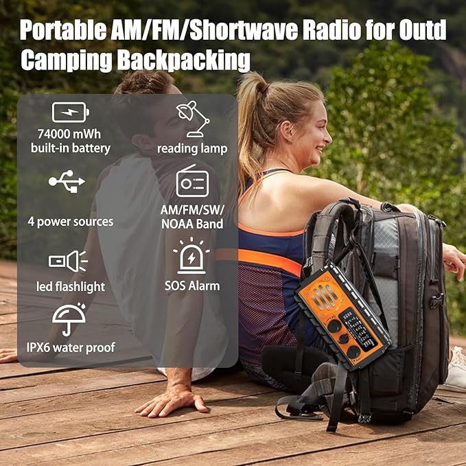 74000mWh Emergency Radio with NOAA Weather, Portable Hand Crank SW/AM/FM Survival Radio with Fast Charge Rechargeable Solar Battery, Flashlight, Reading Lamp,SOS Sirenor Home Outdoor