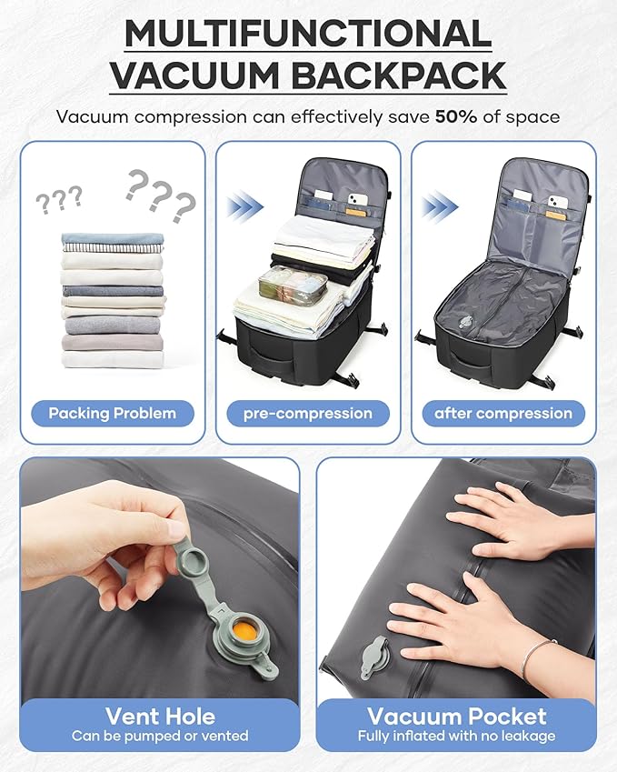 Vacuum Seal Backpack Travel With Pump,Large Carry On Vacpack Backpacks For Women Men,Mochila De Viaje Compresion Al Vacio,Personal Item Travel Backpack With Vacuum System,Black