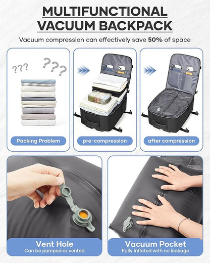 Vacuum Seal Backpack Travel With Pump,Large Carry On Vacpack Backpacks For Women Men,Mochila De Viaje Compresion Al Vacio,Personal Item Travel Backpack With Vacuum System,Black