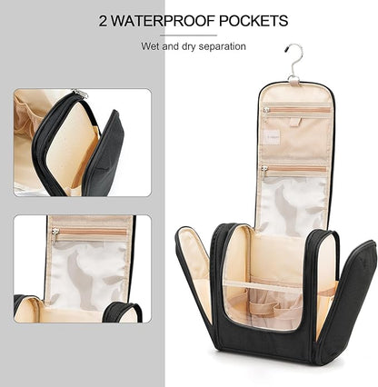 Travel Hanging Toiletry Bag for Women and Men, 6 Organizer Compartments, Holds Full Size Bottles, Extra Large Cosmetic Accessories, Makeup essentials, Bathroom Water-resistant Toiletries Bag, Black