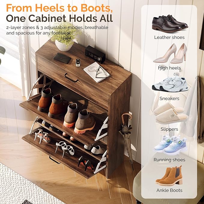 VINGLI Shoe Cabinet Storage for Entryway Ultra Slim with 2 Flip &1Drop-Down Drawers, 24.8" W Narrow Shoe Cabinet for Front Door Entrance,Freestanding Walnut Wood Shoes Organizer for Hallway