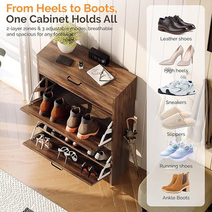 VINGLI Shoe Cabinet Storage for Entryway Ultra Slim with 2 Flip &1Drop-Down Drawers, 24.8" W Narrow Shoe Cabinet for Front Door Entrance,Freestanding Walnut Wood Shoes Organizer for Hallway