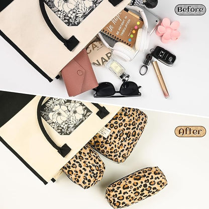 Quilted Makeup Bag Set,3 Pcs Puffy Cosmetic Bags Aesthetic Make Up Bags,Small Zipper Pouch,Travel Toiletry Bag Purse Organizer Pouches for Women (Leopard-Print)