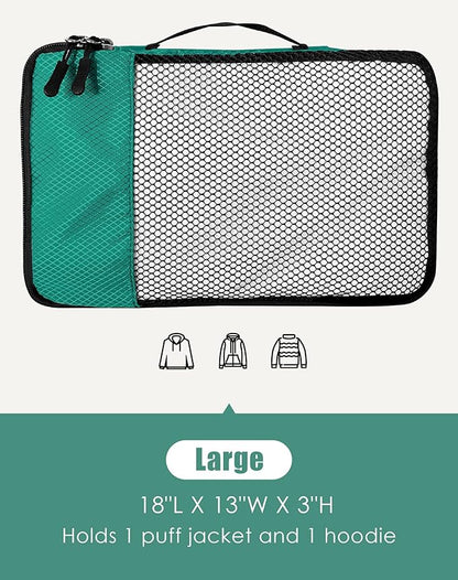 4-Piece Packing Cubes Travel Accessories Set for Suitcases - Luggage Organizer Bags with Double Zipper - Mesh Top - Large - Green