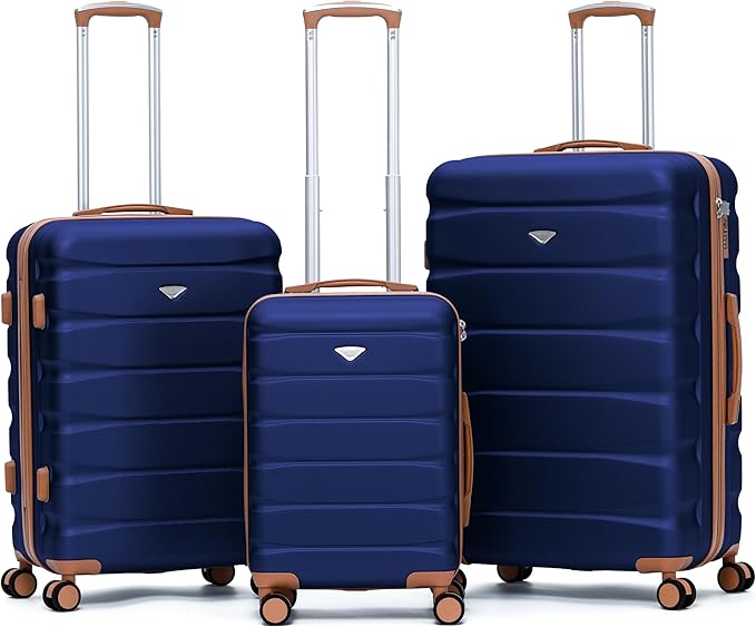 Flight Knight Luggage Sets TSA Lock Silent Double Spinner Wheels Suitcase With Case Maximum Carry On Bag Size For American & United Approved Airlines(3 Piece Set (22/27/31"),Navy/Tan)
