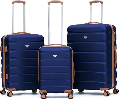 Flight Knight Luggage Sets TSA Lock Silent Double Spinner Wheels Suitcase With Case Maximum Carry On Bag Size For American & United Approved Airlines(3 Piece Set (22/27/31"),Navy/Tan)