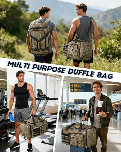 SDYSM Gym Bag for Men 45L Sports Duffel Bags 3-in-1 Travel Duffel Bag with Shoe Compartment, Gym Workout Backpack Carry On Weekender Bag Overnight Bag for Travel, KhakiCamouf