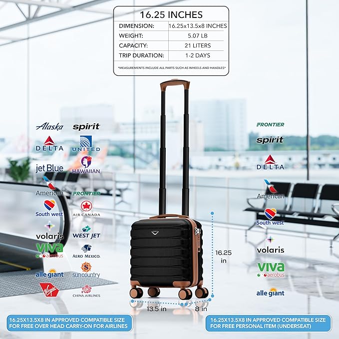 Flight Knight Carry On Suitcase 16.25x13.5x8 Hardside TSA Lock & USB Port Lightweight Luggage Silent Double Spinner Wheels Maximum Underseat Carry-On Bag For Virgin & South West Approved Airlines