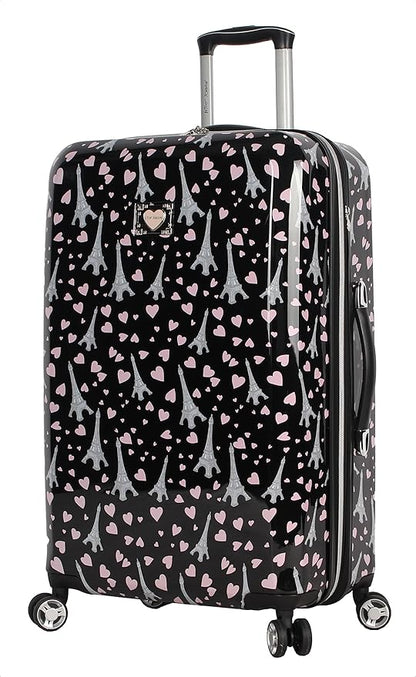 Betsey Johnson 26 Inch Checked Luggage Collection - Expandable Scratch Resistant (ABS + PC) Hardside Suitcase - Designer Lightweight Bag with 8-Rolling Spinner Wheels (Paris Love)